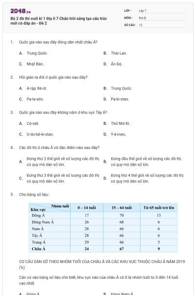 Bộ 2 đề thi cuối kì 1 Địa lí 7 Chân trời sáng tạo cấu trúc mới có đáp án - Đề 2