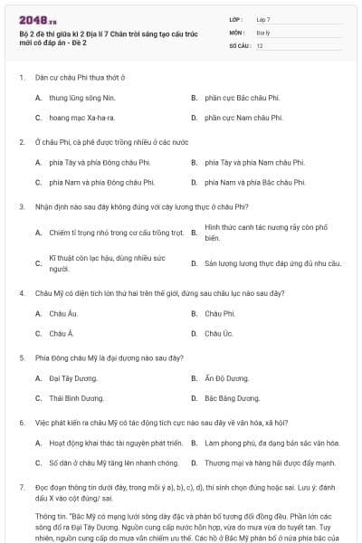 Bộ 2 đề thi giữa kì 2 Địa lí 7 Chân trời sáng tạo cấu trúc mới có đáp án - Đề 2