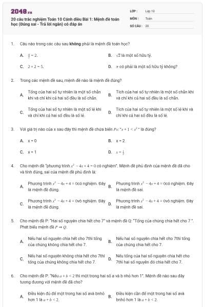 20 câu trắc nghiệm Toán 10 Cánh diều Bài 1: Mệnh đề toán học (Đúng sai - Trả lời ngắn) có đáp án