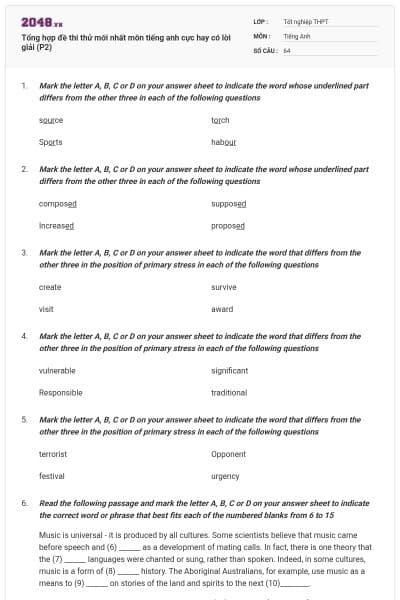 Tổng hợp đề thi thử mới nhất môn tiếng anh cực hay có lời giải (P2)