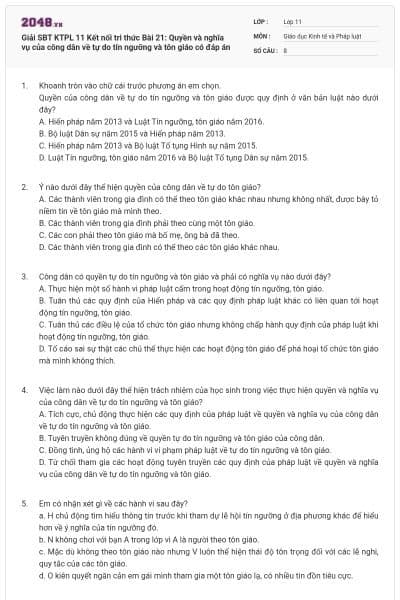 Giải SBT KTPL 11 Kết nối tri thức Bài 21: Quyền và nghĩa vụ của công dân về tự do tín ngưỡng và tôn giáo có đáp án
