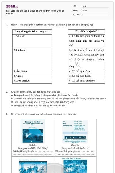 Giải VBT Tin học lớp 4 CTST Thông tin trên trang web có đáp án