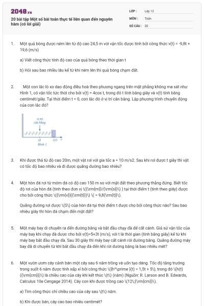 20 bài tập Một số bài toán thực tế liên quan đến nguyên hàm (có lời giải)