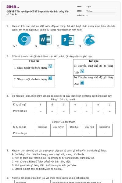 Giải VBT Tin học lớp 4 CTST Soạn thảo văn bản tiếng Việt có đáp án