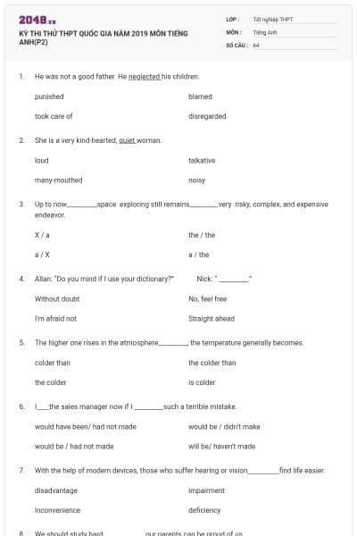 KỲ THI THỬ THPT QUỐC GIA NĂM 2019 MÔN TIẾNG ANH(P2)