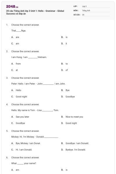 20 câu Tiếng Anh lớp 3 Unit 1: Hello - Grammar - Global Success có đáp án