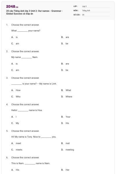 20 câu Tiếng Anh lớp 3 Unit 2: Our names - Grammar - Global Success có đáp án
