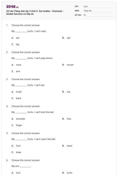 20 câu Tiếng Anh lớp 3 Unit 4. Our bodies - Grammar - Global Success có đáp án