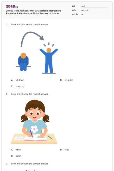20 câu Tiếng Anh lớp 3 Unit 7: Classroom instructions - Phonetics & Vocabulary - Global Success có đáp án