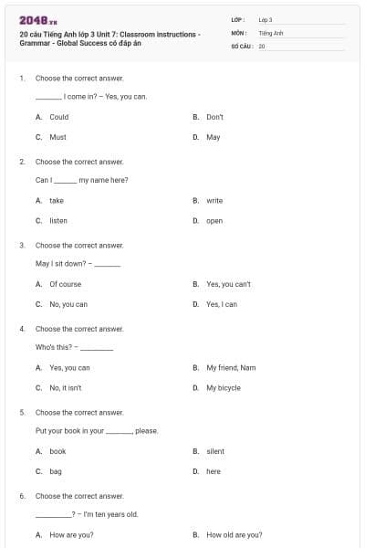 20 câu Tiếng Anh lớp 3 Unit 7: Classroom instructions - Grammar - Global Success có đáp án