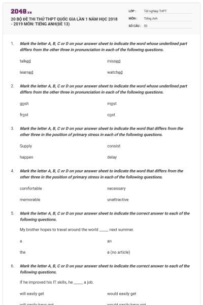 20 BỘ ĐỀ THI THỬ THPT QUỐC GIA LẦN 1 NĂM HỌC 2018 - 2019 MÔN: TIẾNG ANH(ĐỀ 13)