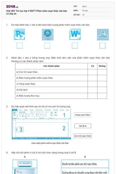 Giải VBT Tin học lớp 4 KNTT Phần mềm soạn thảo văn bản có đáp án