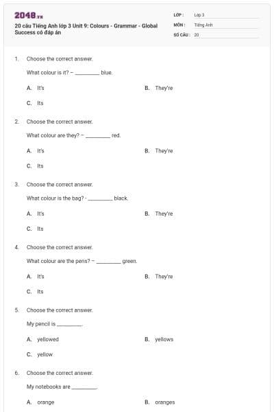 20 câu Tiếng Anh lớp 3 Unit 9: Colours - Grammar - Global Success có đáp án