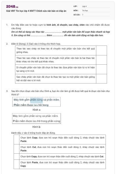 Giải VBT Tin học lớp 4 KNTT Chỉnh sửa văn bản có đáp án