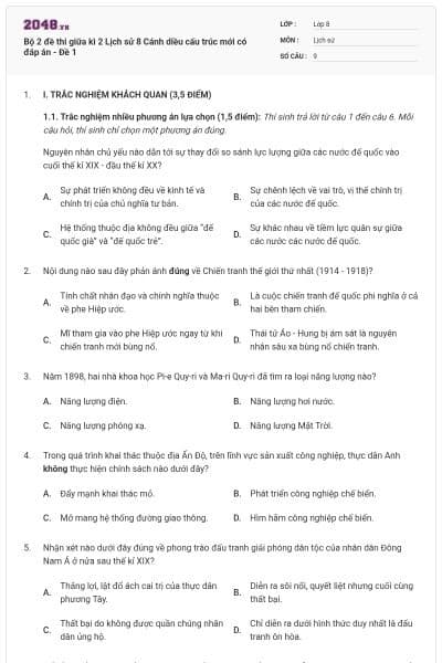 Bộ 2 đề thi giữa kì 2 Lịch sử 8 Cánh diều cấu trúc mới có đáp án - Đề 1