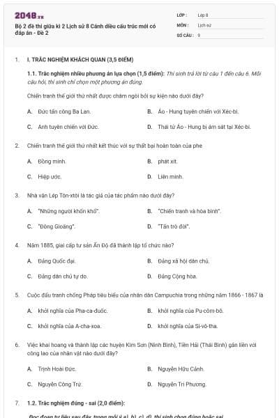 Bộ 2 đề thi giữa kì 2 Lịch sử 8 Cánh diều cấu trúc mới có đáp án - Đề 2