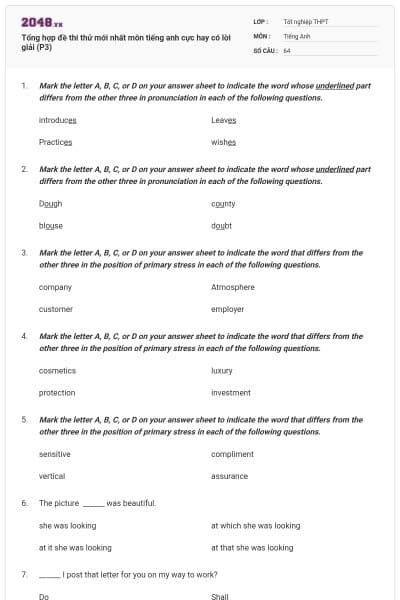 Tổng hợp đề thi thử mới nhất môn tiếng anh cực hay có lời giải (P3)