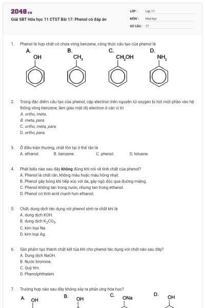 Giải SBT Hóa học 11 CTST Bài 17: Phenol có đáp án