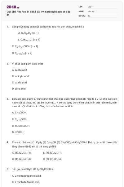 Giải SBT Hóa học 11 CTST Bài 19: Carboxylic acid có đáp án