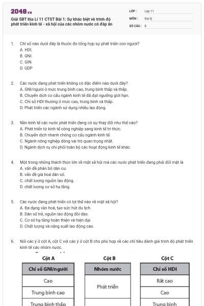 Giải SBT Địa Lí 11 CTST Bài 1: Sự khác biệt về trình độ phát triển kinh tế - xã hội của các nhóm nước có đáp án