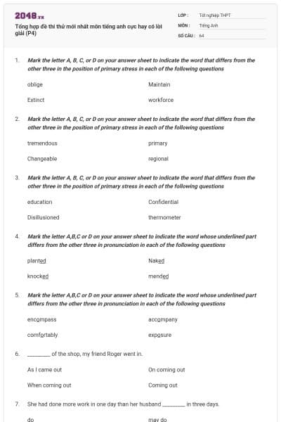 Tổng hợp đề thi thử mới nhất môn tiếng anh cực hay có lời giải (P4)