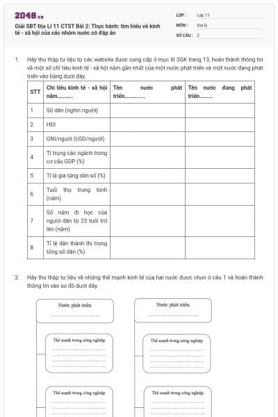 Giải SBT Địa Lí 11 CTST Bài 2: Thực hành: tìm hiểu về kinh tế - xã hội của các nhóm nước có đáp án