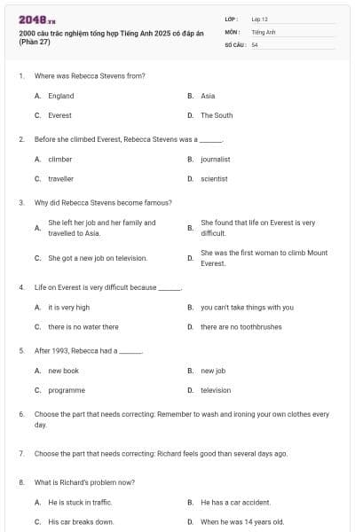 2000 câu trắc nghiệm tổng hợp Tiếng Anh 2025 có đáp án (Phần 27)