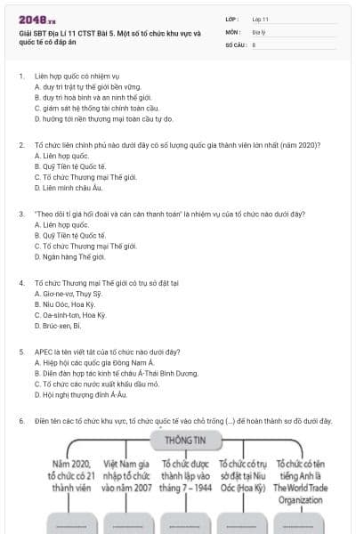 Giải SBT Địa Lí 11 CTST Bài 5. Một số tổ chức khu vực và quốc tế có đáp án