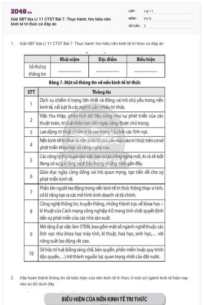 Giải SBT Địa Lí 11 CTST Bài 7. Thực hành: tìm hiểu nền kinh tế tri thức có đáp án