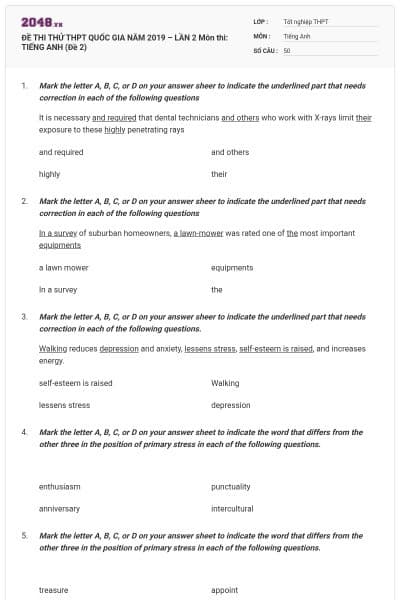 ĐỀ THI THỬ THPT QUỐC GIA NĂM 2019 – LẦN 2 Môn thi: TIẾNG ANH (Đề 2)