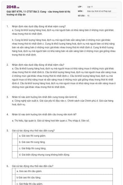 Giải SBT KTPL 11 CTST Bài 2: Cung - cầu trong kinh tế thị trường có đáp án