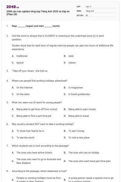 2000 câu trắc nghiệm tổng hợp Tiếng Anh 2025 có đáp án (Phần 28)