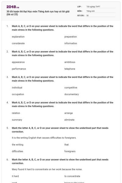 30 đề luyện thi Đại Học môn Tiếng Anh cực hay có lời giải (Đề số 25)
