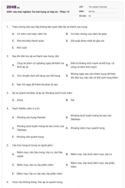 600+ câu trắc nghiệm Tai mũi họng có đáp án - Phần 14