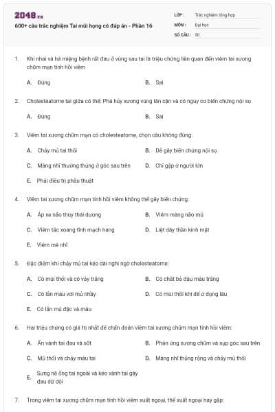 600+ câu trắc nghiệm Tai mũi họng có đáp án - Phần 16