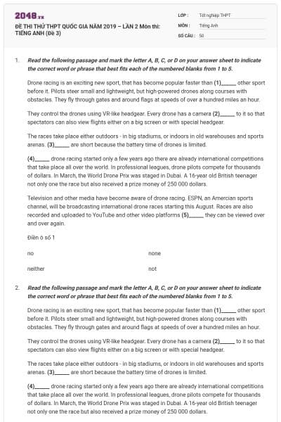 ĐỀ THI THỬ THPT QUỐC GIA NĂM 2019 – LẦN 2 Môn thi: TIẾNG ANH (Đề 3)