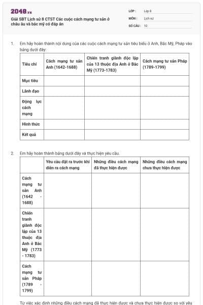 Giải SBT Lịch sử 8 CTST Các cuộc cách mạng tư sản ở châu âu và bắc mỹ có đáp án