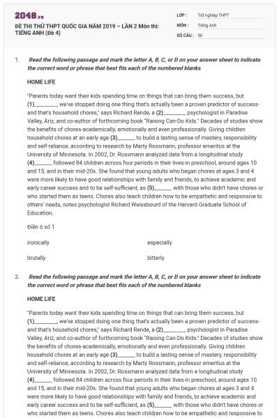 ĐỀ THI THỬ THPT QUỐC GIA NĂM 2019 – LẦN 2 Môn thi: TIẾNG ANH (Đề 4)