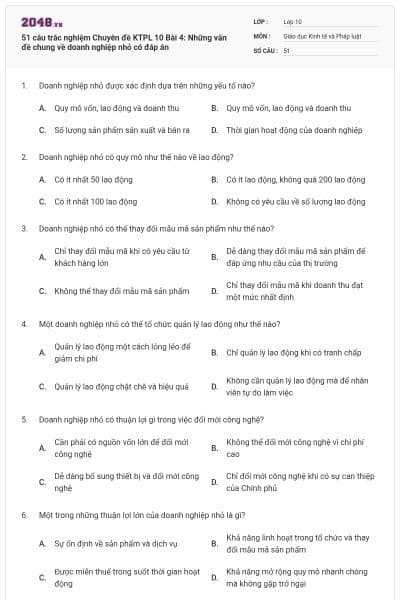 51 câu trắc nghiệm Chuyên đề KTPL 10 Bài 4: Những vấn đề chung về doanh nghiệp nhỏ có đáp án