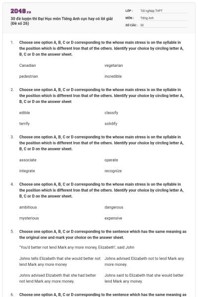 30 đề luyện thi Đại Học môn Tiếng Anh cực hay có lời giải (Đề số 26)