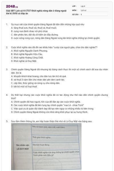 Giải SBT Lịch sử 8 CTST Khởi nghĩa nông dân ở đàng ngoài thế kỉ XVIII có đáp án