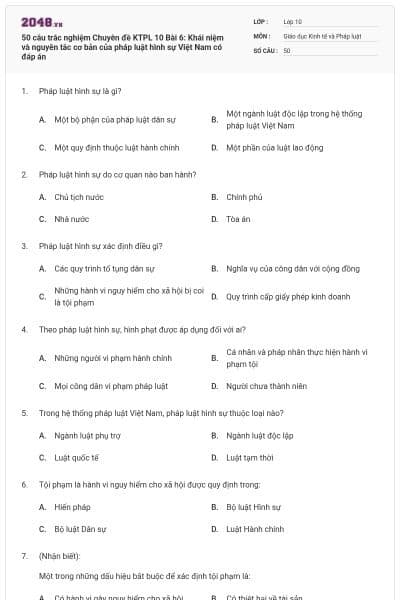 50 câu trắc nghiệm Chuyên đề KTPL 10 Bài 6: Khái niệm và nguyên tắc cơ bản của pháp luật hình sự Việt Nam có đáp án