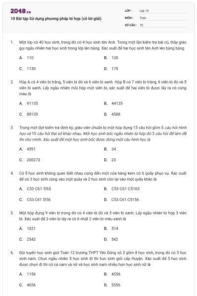 10 Bài tập Sử dụng phương pháp tổ hợp (có lời giải)