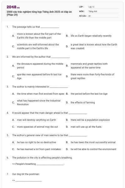 2000 câu trắc nghiệm tổng hợp Tiếng Anh 2025 có đáp án (Phần 29)