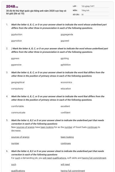 30 đề thi thử thpt quốc gia tiếng anh năm 2020 cực hay có lời giải (Đề số 10)