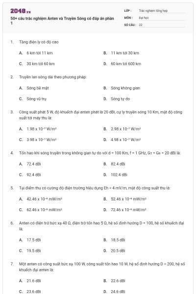 50+ câu trắc nghiệm Anten và Truyền Sóng có đáp án phần 1