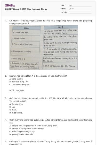 Giải SBT Lịch sử 8 CTST Đông Nam Á có đáp án