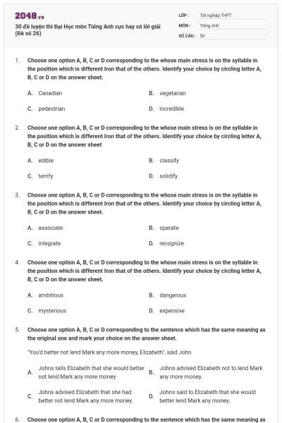 30 đề luyện thi Đại Học môn Tiếng Anh cực hay có lời giải (Đề số 26)