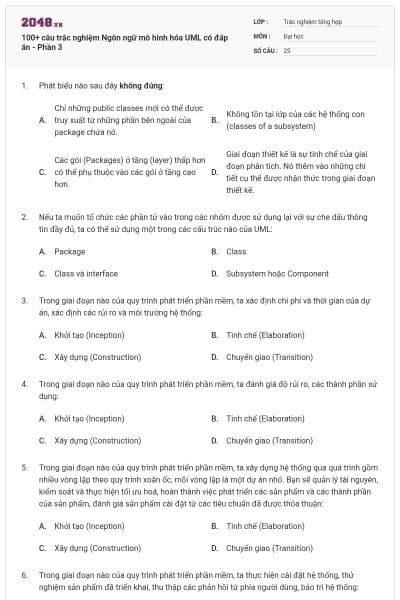 100+ câu trắc nghiệm Ngôn ngữ mô hình hóa UML có đáp án - Phần 3