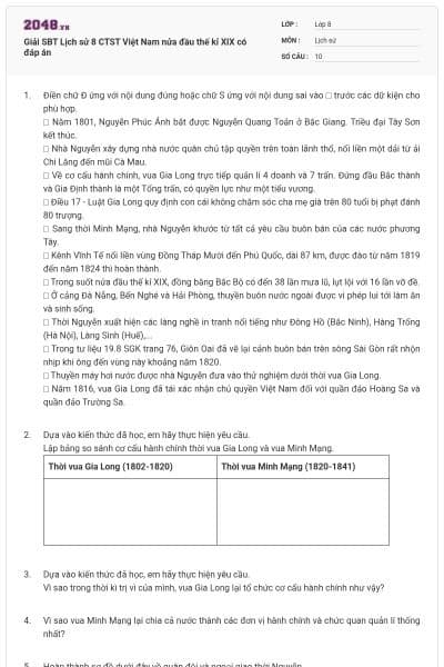 Giải SBT Lịch sử 8 CTST Việt Nam nửa đầu thế kỉ XIX có đáp án